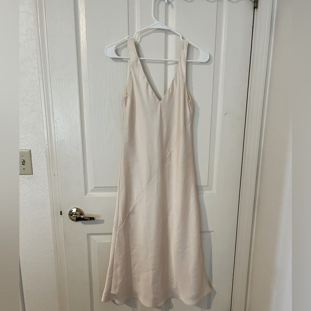 Line & dot champagne silk midi dress.